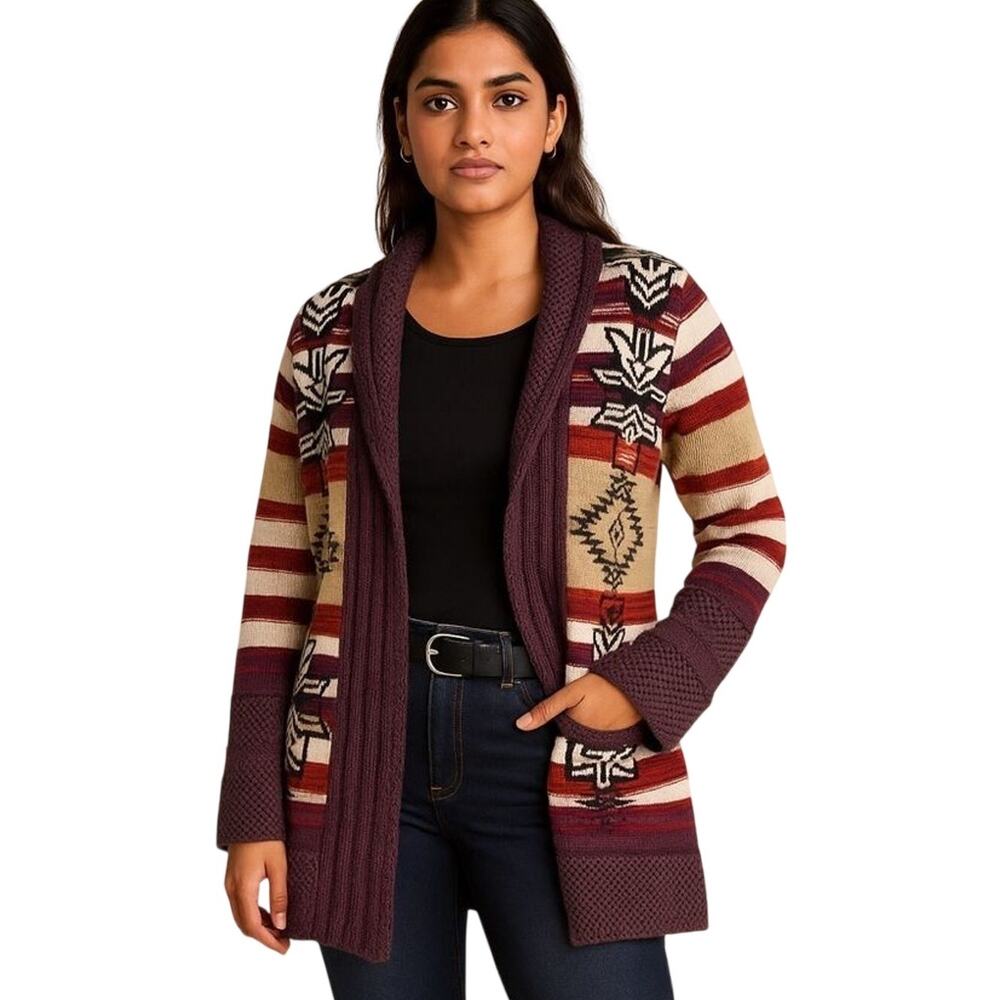 BCBG Max Azria Boho Southwest Cardigan Sweater Size L Purple Rust Cream